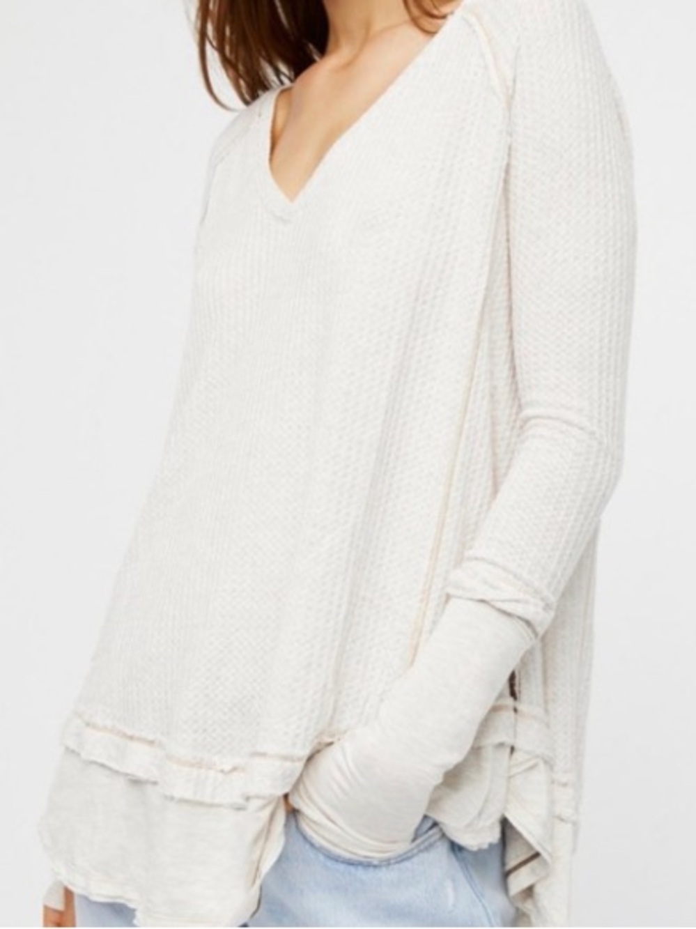 Free People Beige Laguna Waffle V-Neck Layered Knit Top Small